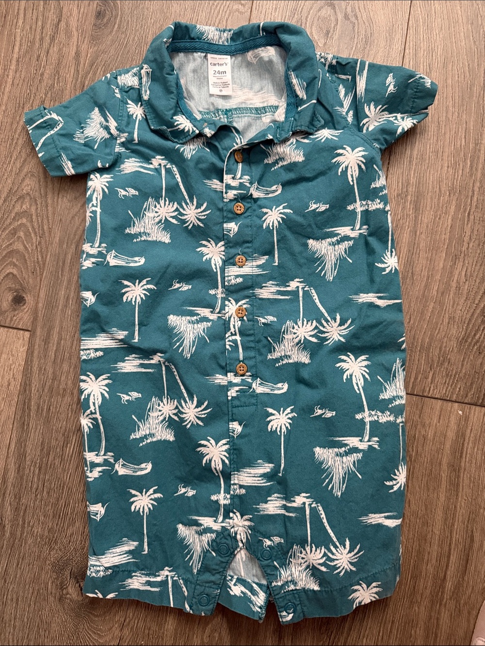 Carter's Teal Tropical Palm Print Button Romper